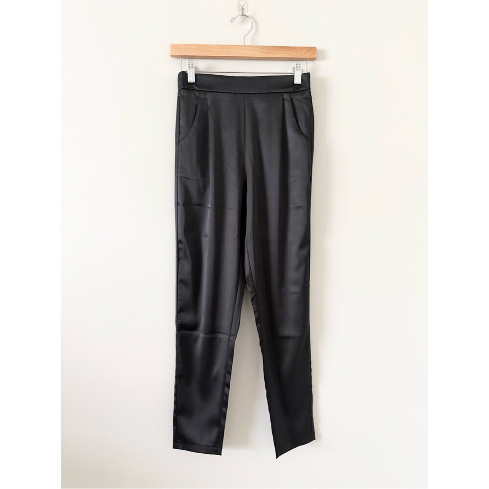 NWT Amazon Black Satin Elastic Waist Skinny Trouser Pants Size XS
